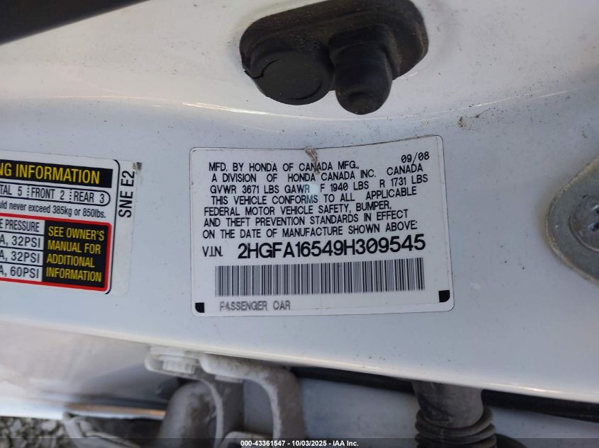 2009 Honda Civic Lx VIN: 2HGFA16549H309545 Lot: 43361547