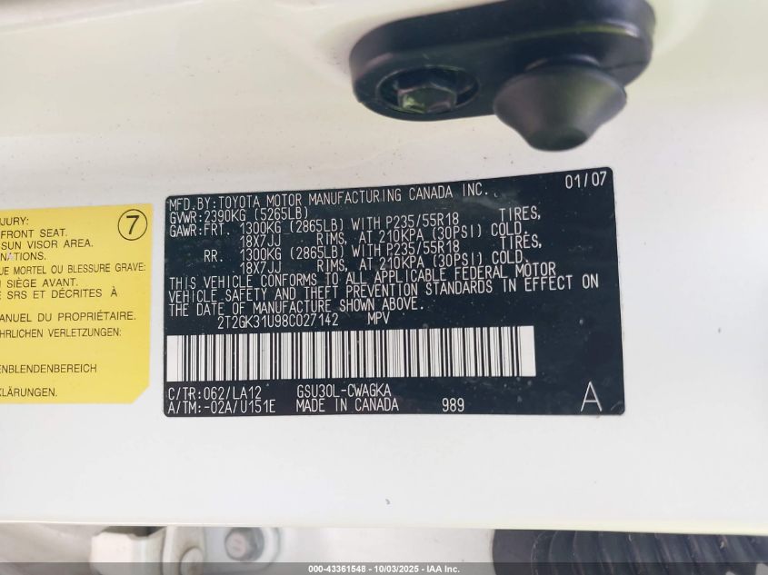 2008 Lexus Rx 350 VIN: 2T2GK31U98C027142 Lot: 43361548