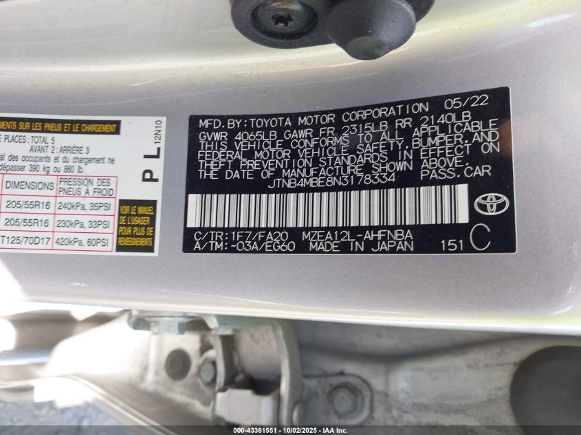 2022 Toyota Corolla Se VIN: JTNB4MBE8N3178334 Lot: 43361551