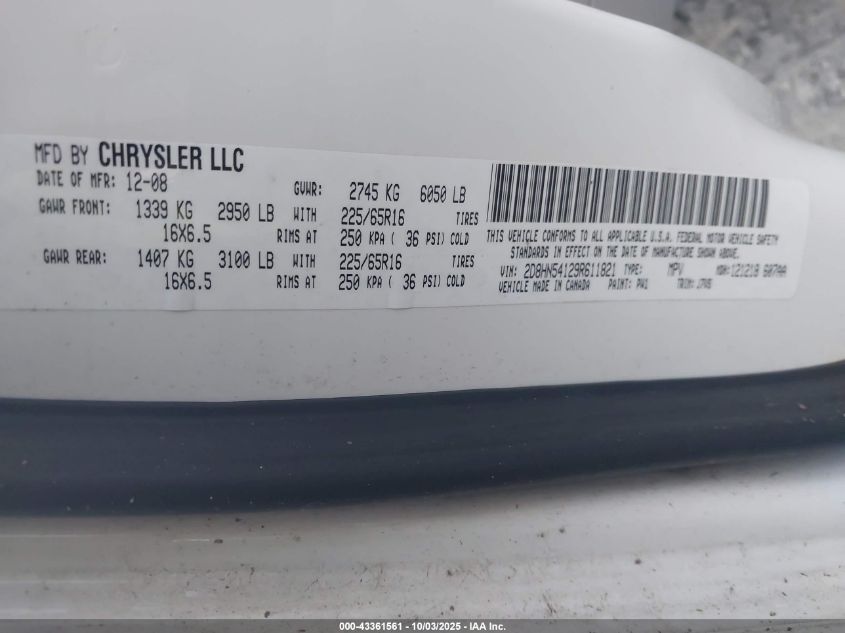 2009 Dodge Grand Caravan Sxt VIN: 2D8HN54129R611821 Lot: 43361561