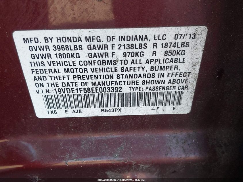 2014 Acura Ilx 2.0L VIN: 19VDE1F58EE003392 Lot: 43361566