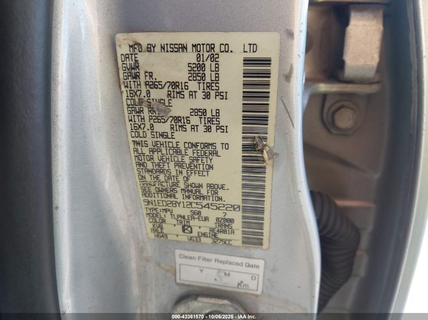 2002 Nissan Xterra Xe VIN: 5N1ED28Y12C545220 Lot: 43361570