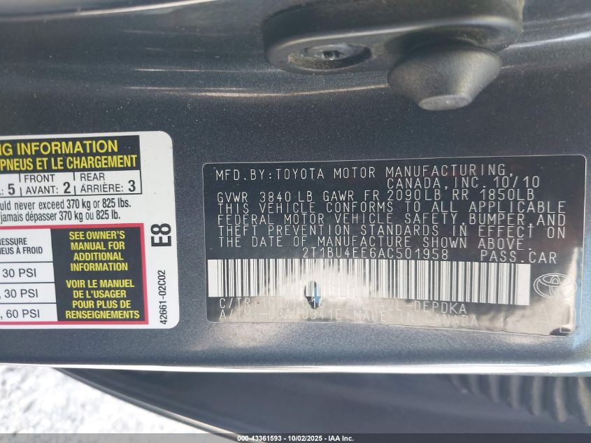 2010 Toyota Corolla S/Le/Xle VIN: 2T1BU4EE6AC501958 Lot: 43361593