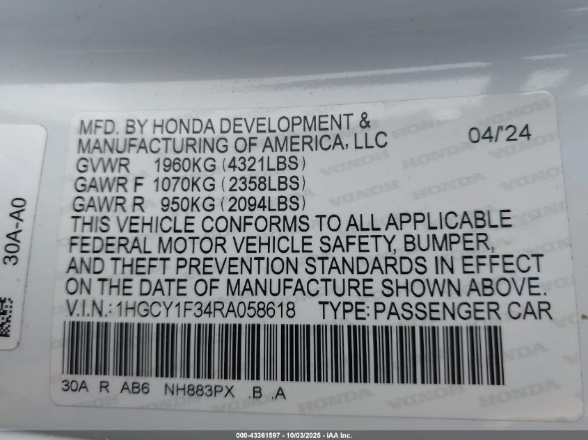 2024 Honda Accord Ex VIN: 1HGCY1F34RA058618 Lot: 43361597