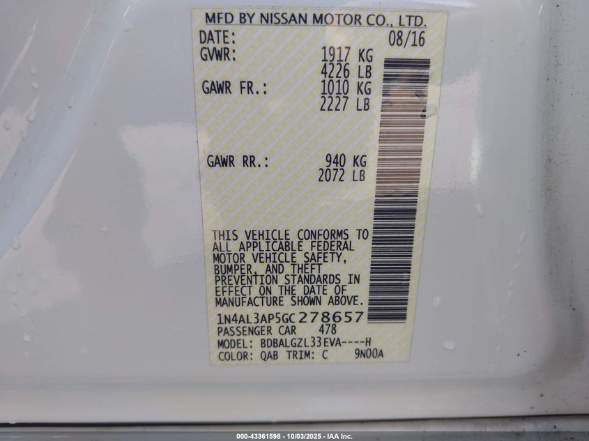 2016 Nissan Altima 2.5 S VIN: 1N4AL3AP5GC278657 Lot: 43361598