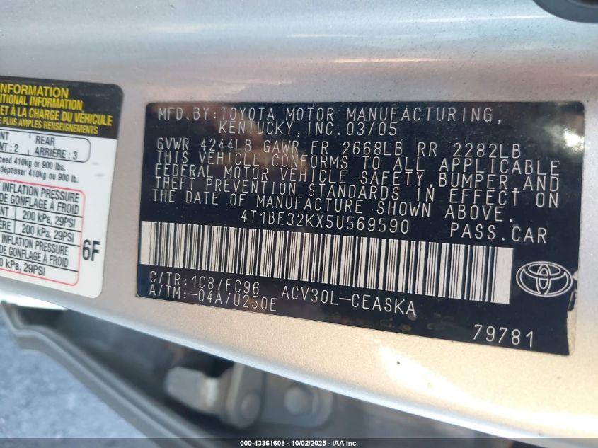 2005 Toyota Camry Se VIN: 4T1BE32KX5U569590 Lot: 43361608