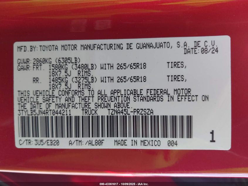 2024 Toyota Tacoma 4Wd Limited VIN: 3TYLB5JN4RT044211 Lot: 43361617