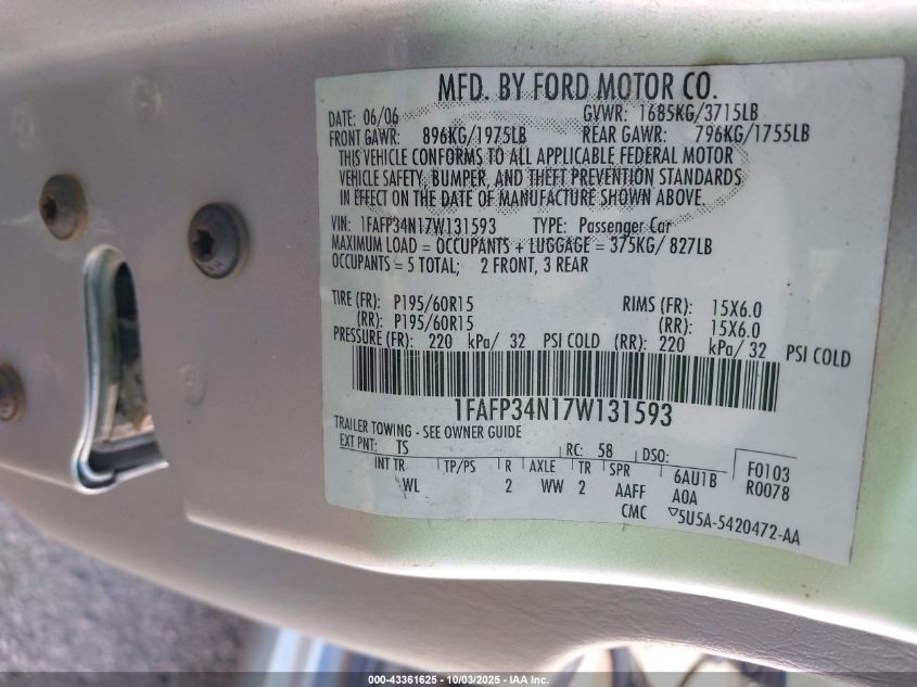 2007 Ford Focus S/Se/Ses VIN: 1FAFP34N17W131593 Lot: 43361625