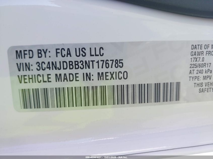 2022 Jeep Compass Latitude 4X4 VIN: 3C4NJDBB3NT176785 Lot: 43361631