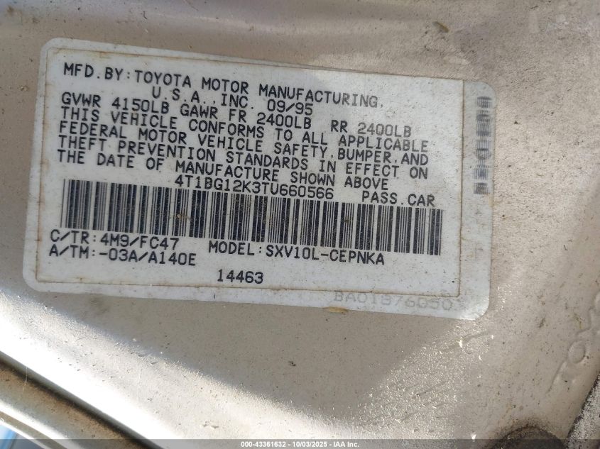 1996 Toyota Camry Dx/Le/Xle VIN: 4T1BG12K3TU660566 Lot: 43361632