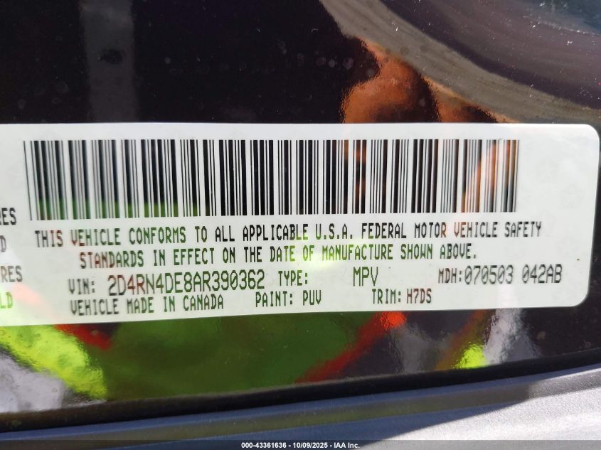 2010 Dodge Grand Caravan Se VIN: 2D4RN4DE8AR390362 Lot: 43361636