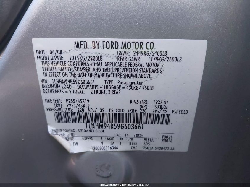 2009 Lincoln Mks VIN: 1LNHM94R59G603661 Lot: 43361659