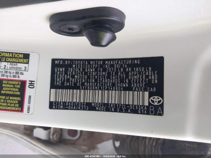 2014 Toyota Corolla S Plus VIN: 5YFBURHE1EP148804 Lot: 43361661