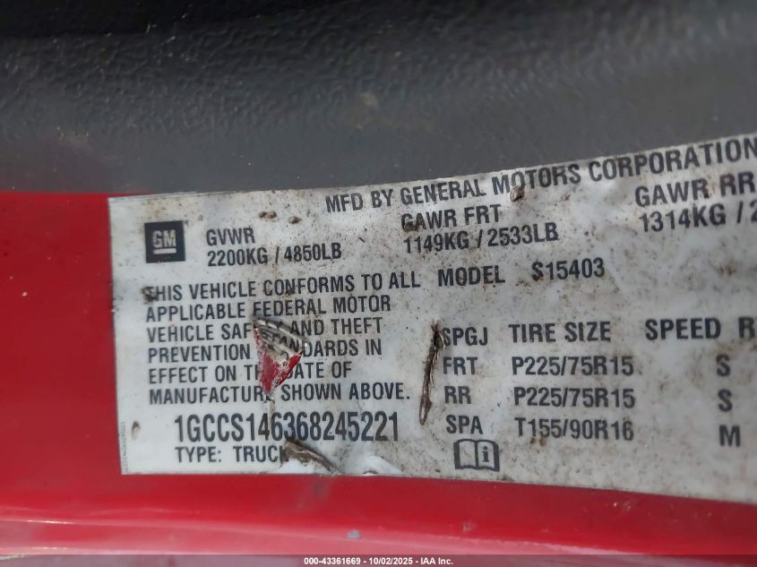 2006 Chevrolet Colorado Lt VIN: 1GCCS146368245221 Lot: 43361669