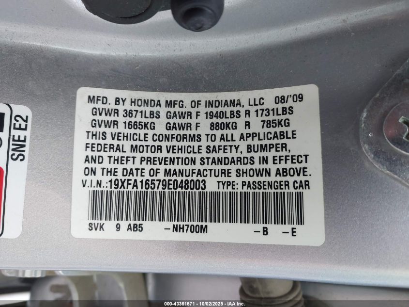 2009 Honda Civic Lx VIN: 19XFA16579E048003 Lot: 43361671