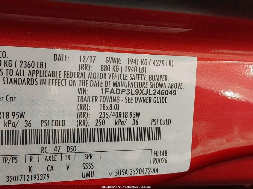 2018 Ford Focus St VIN: 1FADP3L9XJL246049 Lot: 43361672