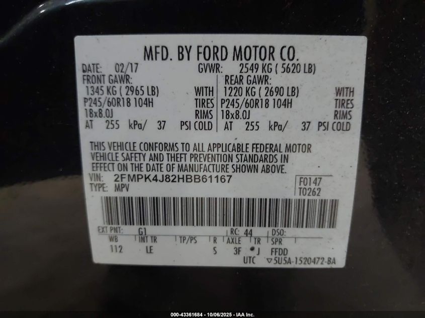 2017 Ford Edge Sel VIN: 2FMPK4J82HBB61167 Lot: 43361684