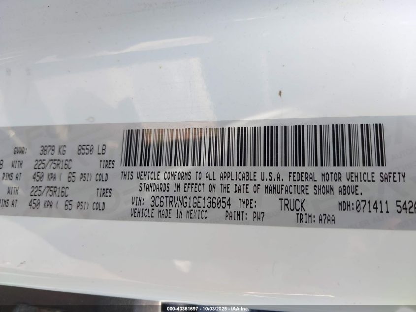2016 Ram Promaster 1500 Low Roof VIN: 3C6TRVNG1GE136054 Lot: 43361697
