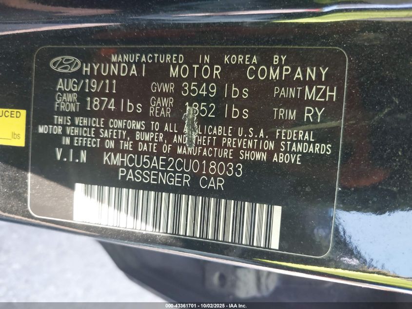 2012 Hyundai Accent Se VIN: KMHCU5AE2CU018033 Lot: 43361701