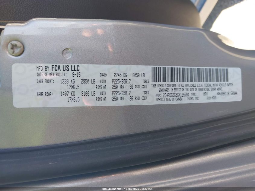 2016 Dodge Grand Caravan Se Plus VIN: 2C4RDGBG5GR125784 Lot: 43361705