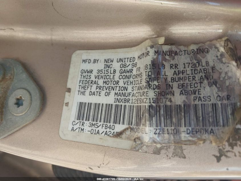 1999 Toyota Corolla Ce VIN: 1NXBR12E9XZ151074 Lot: 43361709