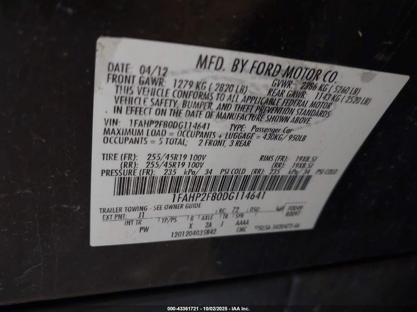 2013 FORD TAURUS LIMITED - 1FAHP2F80DG114641