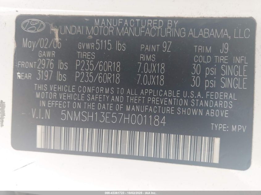 2007 Hyundai Santa Fe Limited/Se VIN: 5NMSH13E57H001184 Lot: 43361723