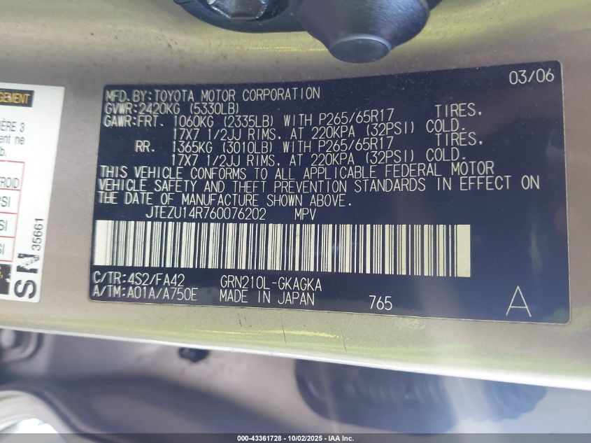 2006 Toyota 4Runner Sr5 V6 VIN: JTEZU14R760076202 Lot: 43361728