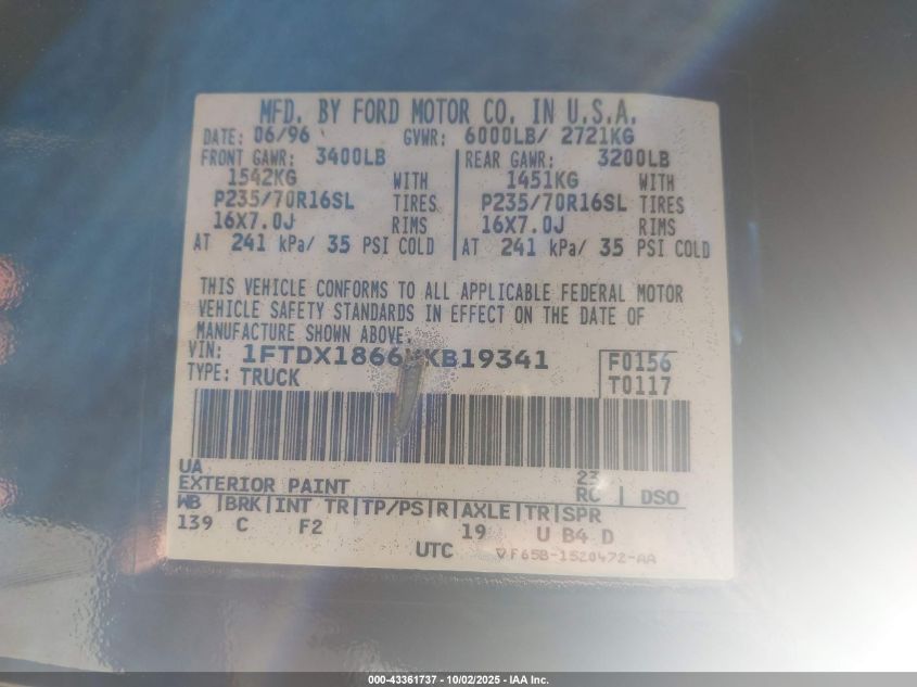 1997 Ford F-150 Lariat/Xl/Xlt VIN: 1FTDX1866VKB19341 Lot: 43361737