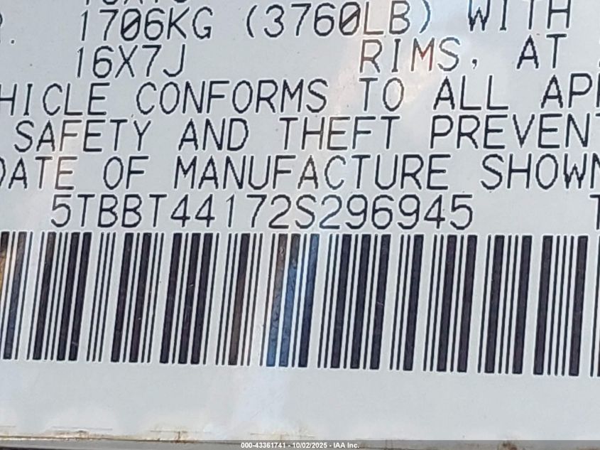 2002 Toyota Tundra Sr5 V8 VIN: 5TBBT44172S296945 Lot: 43361741