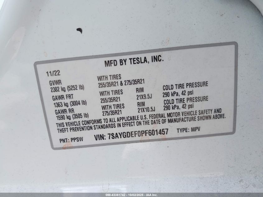 2023 Tesla Model Y Performance Dual Motor All-Wheel Drive VIN: 7SAYGDEF0PF601457 Lot: 43361742