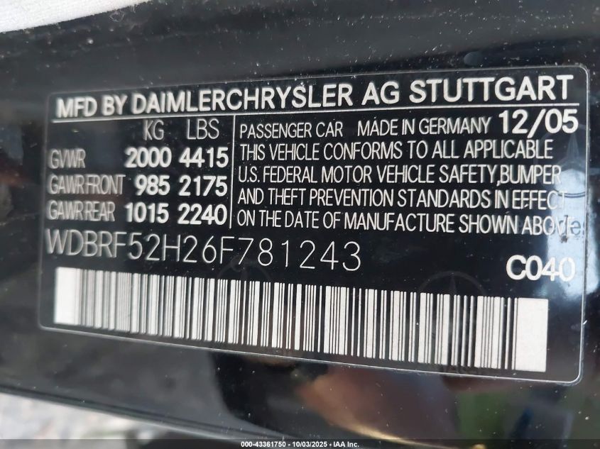 2006 Mercedes-Benz C 230 Sport VIN: WDBRF52H26F781243 Lot: 43361750