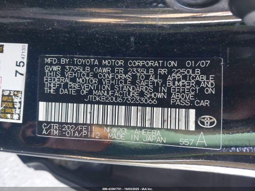 2007 Toyota Prius VIN: JTDKB20U673233066 Lot: 43361751