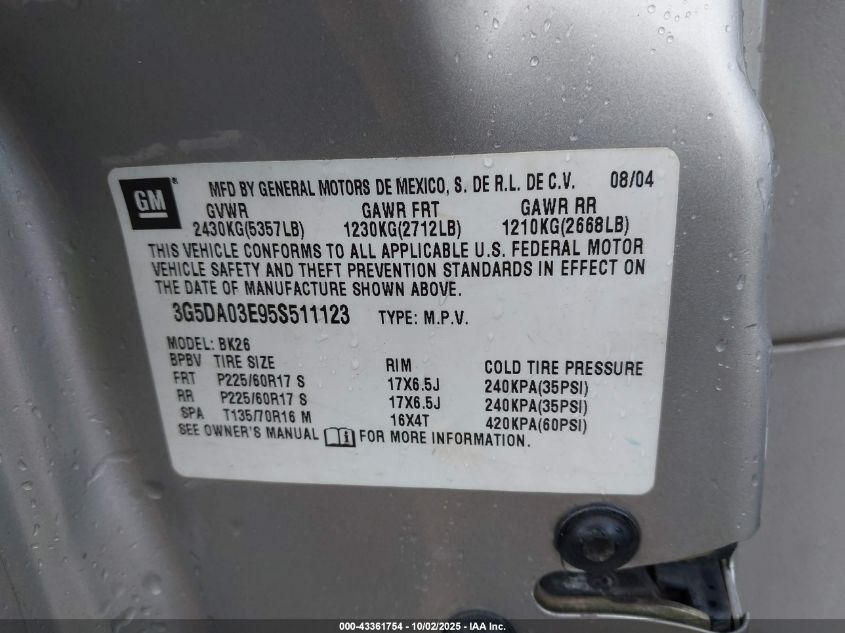 2005 Buick Rendezvous Cx VIN: 3G5DA03E95S511123 Lot: 43361754