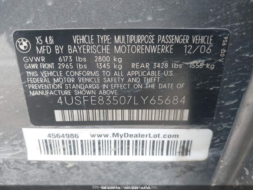 2007 BMW X5 4.8I VIN: 4USFE83507LY65684 Lot: 43361758