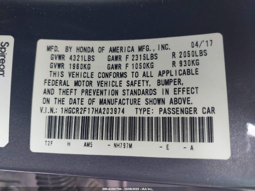 2017 Honda Accord Sport Se VIN: 1HGCR2F17HA203974 Lot: 43361764
