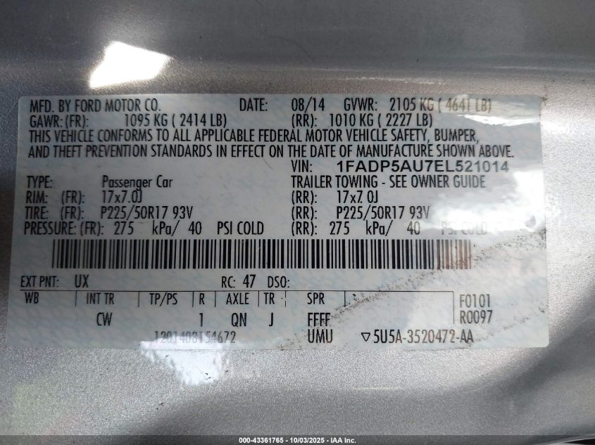 2014 Ford C-Max Hybrid Se VIN: 1FADP5AU7EL521014 Lot: 43361765