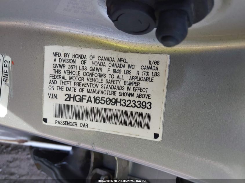 2009 Honda Civic Lx VIN: 2HGFA16509H323393 Lot: 43361770