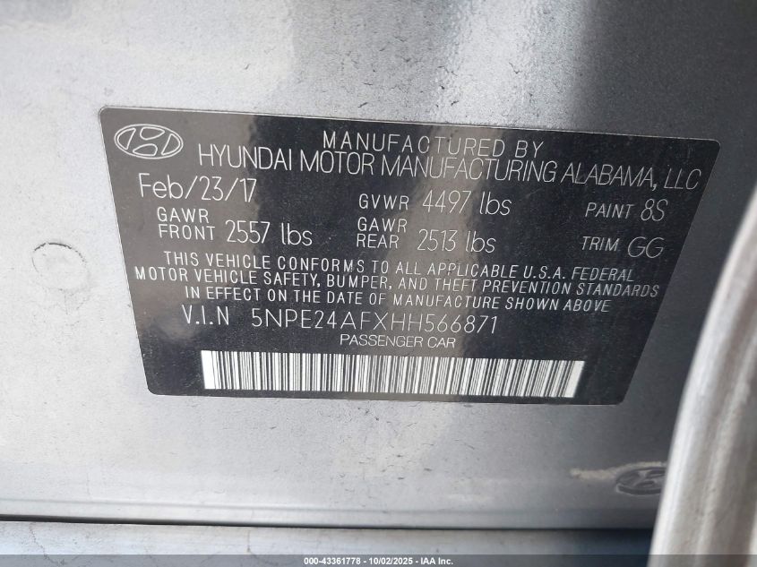 2017 Hyundai Sonata VIN: 5NPE24AFXHH566871 Lot: 43361778