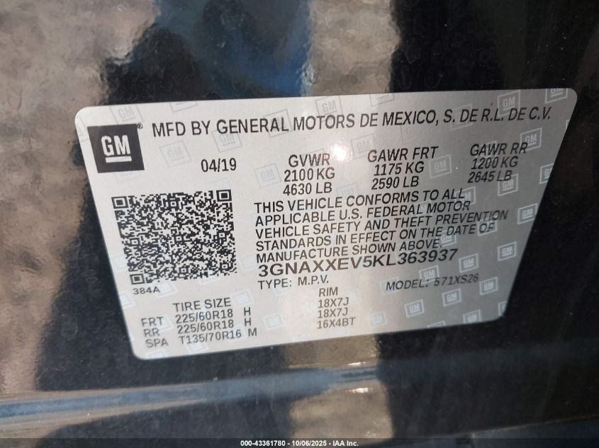 2019 Chevrolet Equinox Premier VIN: 3GNAXXEV5KL363937 Lot: 43361780