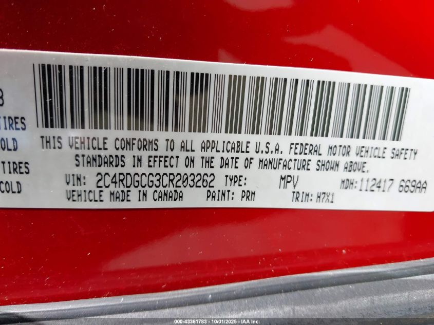 2012 Dodge Grand Caravan Sxt VIN: 2C4RDGCG3CR203262 Lot: 43361783