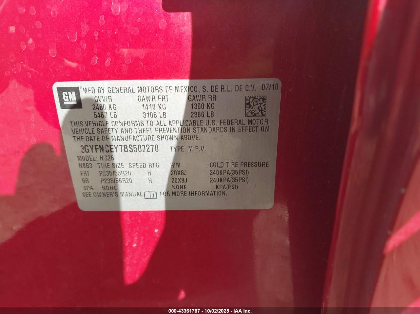 2011 Cadillac Srx Premium Collection VIN: 3GYFNCEY7BS507270 Lot: 43361787