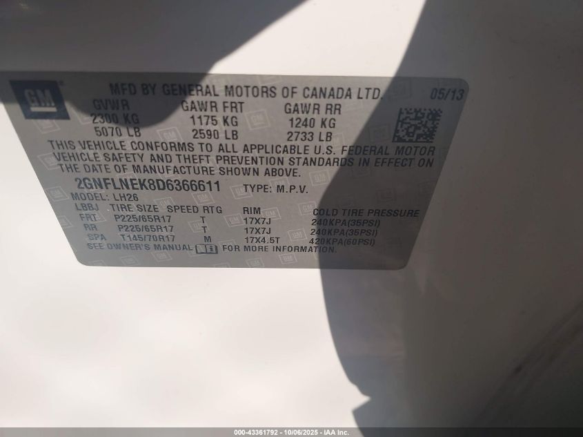 2013 Chevrolet Equinox 2Lt VIN: 2GNFLNEK8D6366611 Lot: 43361792