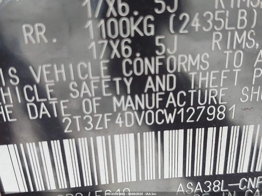 2012 Toyota Rav4 VIN: 2T3ZF4DV0CW127981 Lot: 43361804