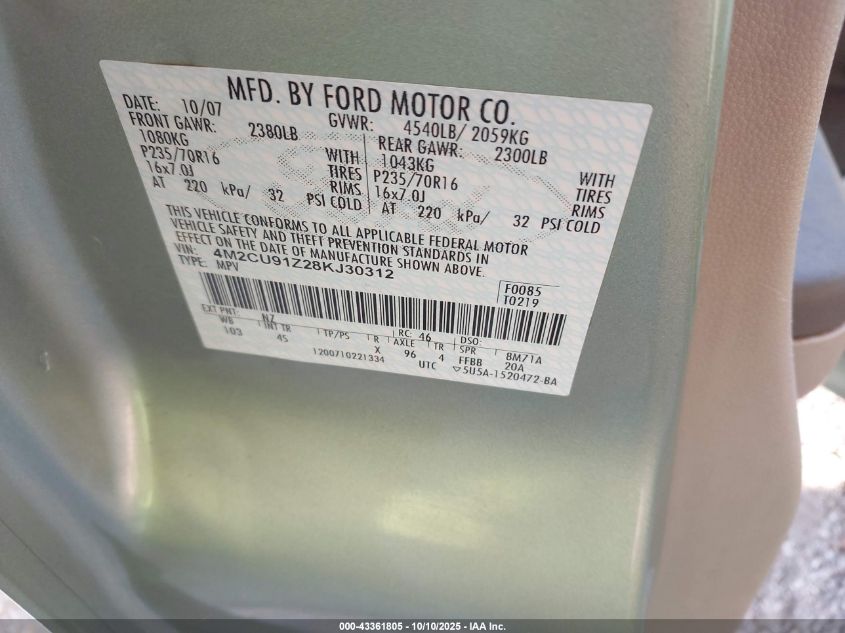 2008 Mercury Mariner I4 VIN: 4M2CU91Z28KJ30312 Lot: 43361805