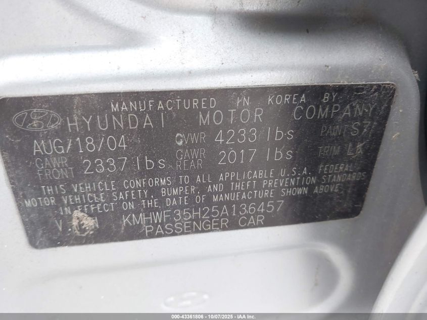 2005 Hyundai Sonata Gls/Lx VIN: KMHWF35H25A136457 Lot: 43361806