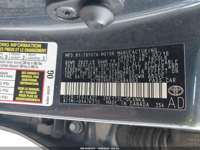2016 Toyota Corolla Le Premium VIN: 2T1BURHE5GC684903 Lot: 43361813
