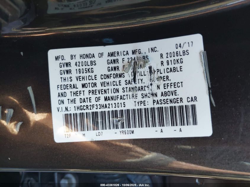 2017 Honda Accord Lx VIN: 1HGCR2F33HA213015 Lot: 43361826