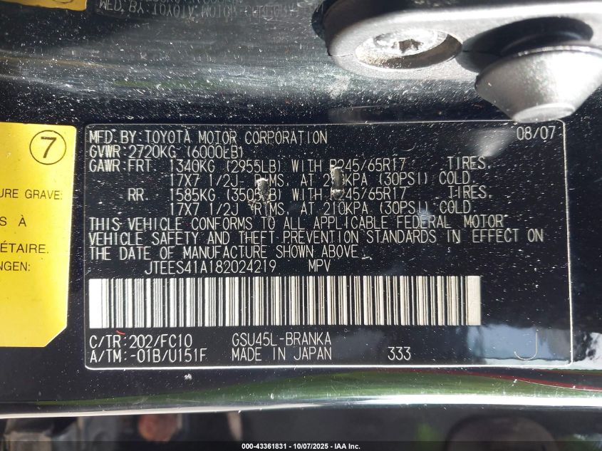 2008 Toyota Highlander VIN: JTEES41A182024219 Lot: 43361831