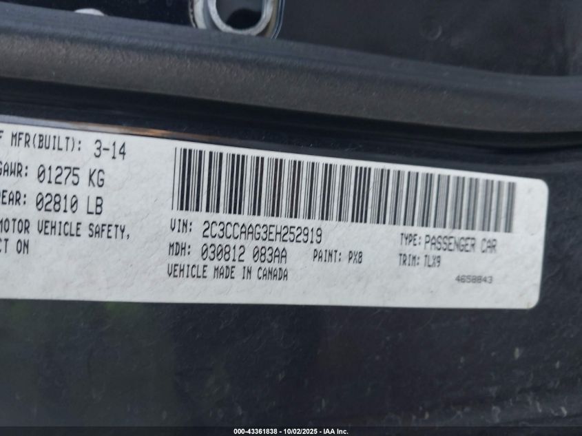 2014 Chrysler 300 VIN: 2C3CCAAG3EH252919 Lot: 43361838